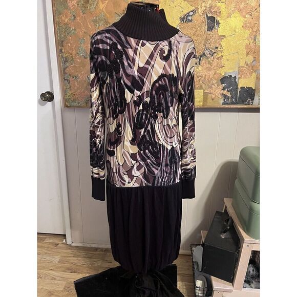 Alberto Makali Medium Beaded Turtleneck Midi Sweater Dress Brown 3D Stretch NWOT - Picture 1 of 8